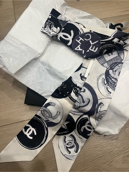 CHANEL Accessories - CHANEL Ecru and Black Silk Scarf with CC Motif